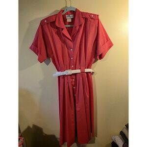Willi of California Vintage Coral Pink Belted Shirt Dress Epaulets Size 12